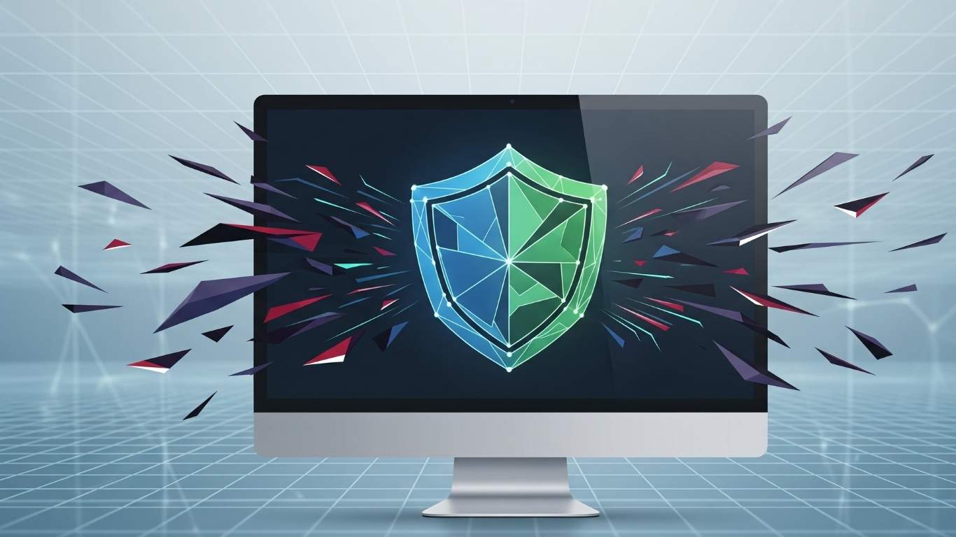 A shield protecting a computer screen from cyber threats, showing the importance of online safety.