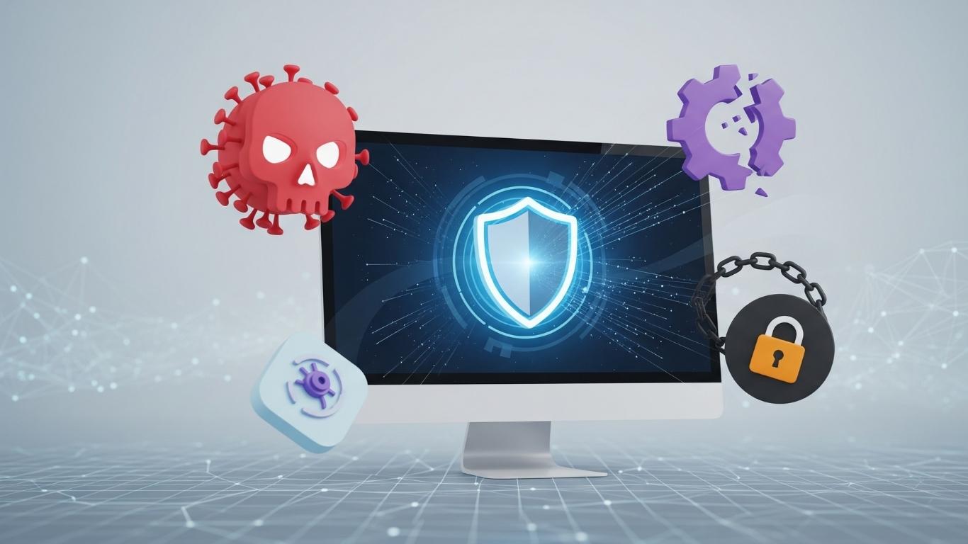 Illustration depicting a computer screen protected by a shield against a virus, malware represented by a broken gear, and ransomware symbolized by a lock and chain.
