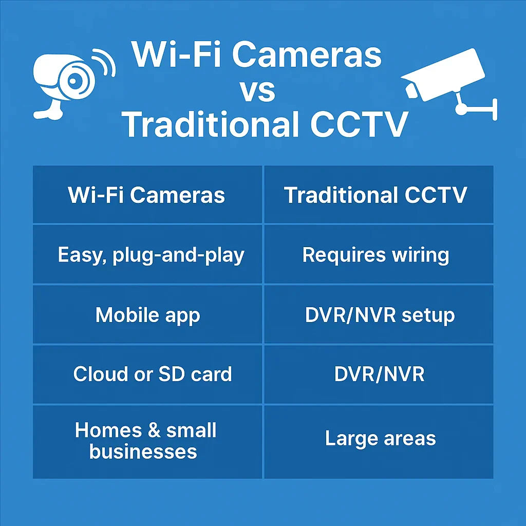 Comparison chart of WiFi cameras vs traditional CCTV showing differences in installation, storage, and best use cases for homes, shops, and large areas